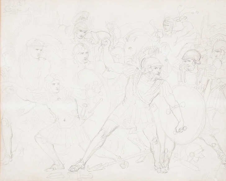 19th century School, Roman battle scene, pencil study, 17 x 21cm
